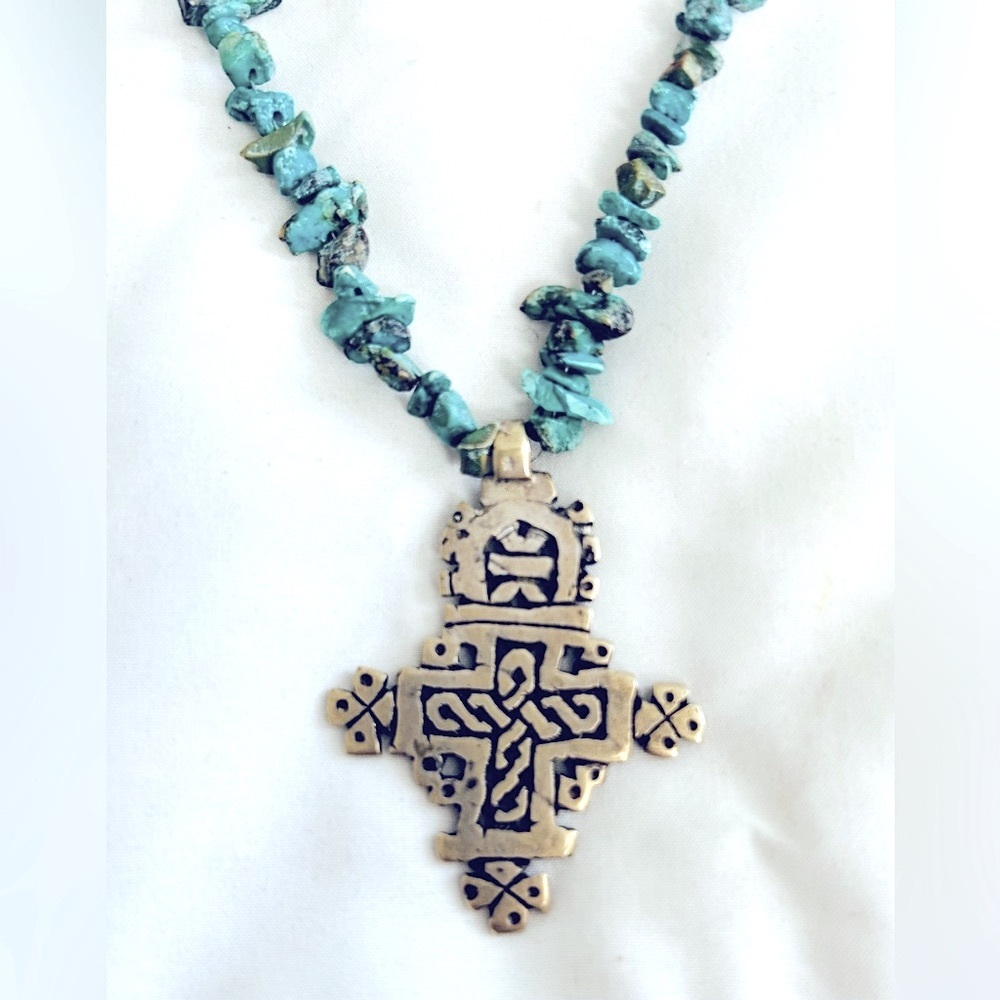 Turquoise Necklace with a Silver African Cross Pendant Necklace